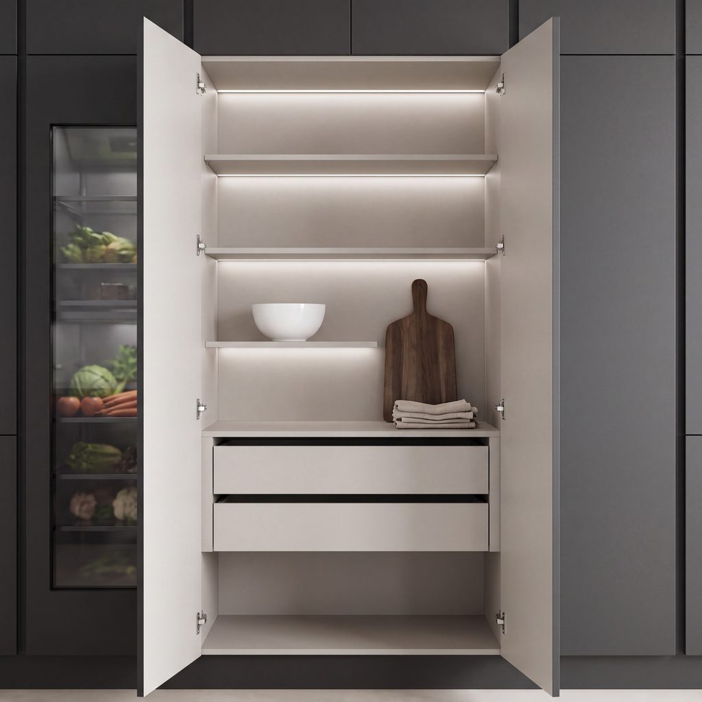 Columna de cocina con exterior antracita e interior forrado en melamina Ivory mate, tablero en stock en Puertas Jesús Martínez, Alcantarilla (Murcia)