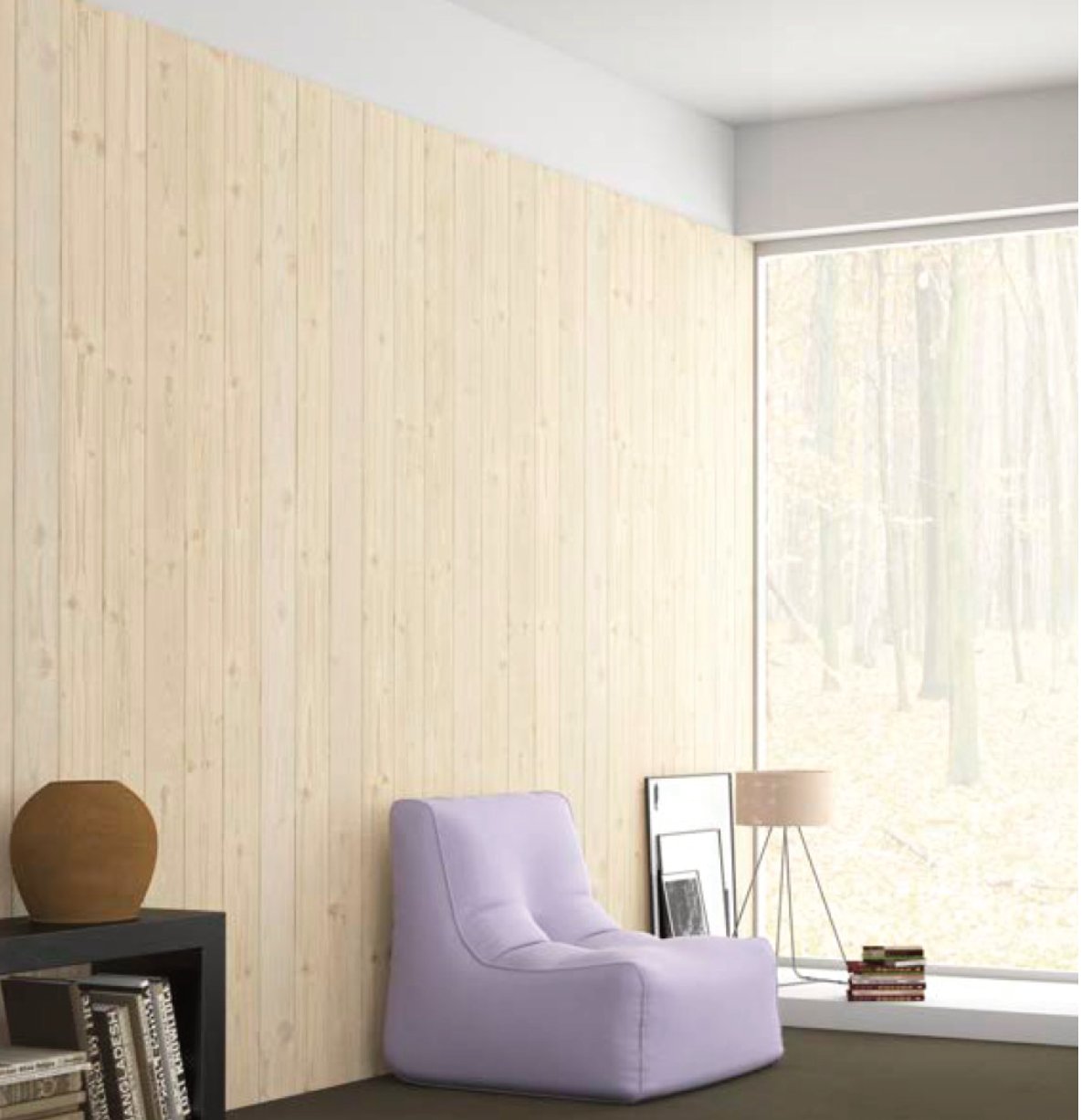 Salón minimalista con pared revestida en frisos de abeto natural acabado aserrado